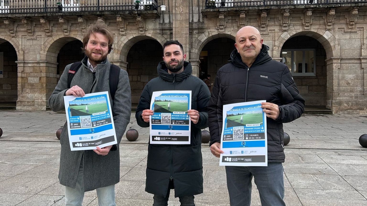 Bustos, Díaz e Cadramón na presentación da Xornada de Tecnificación de Futbolinlugo